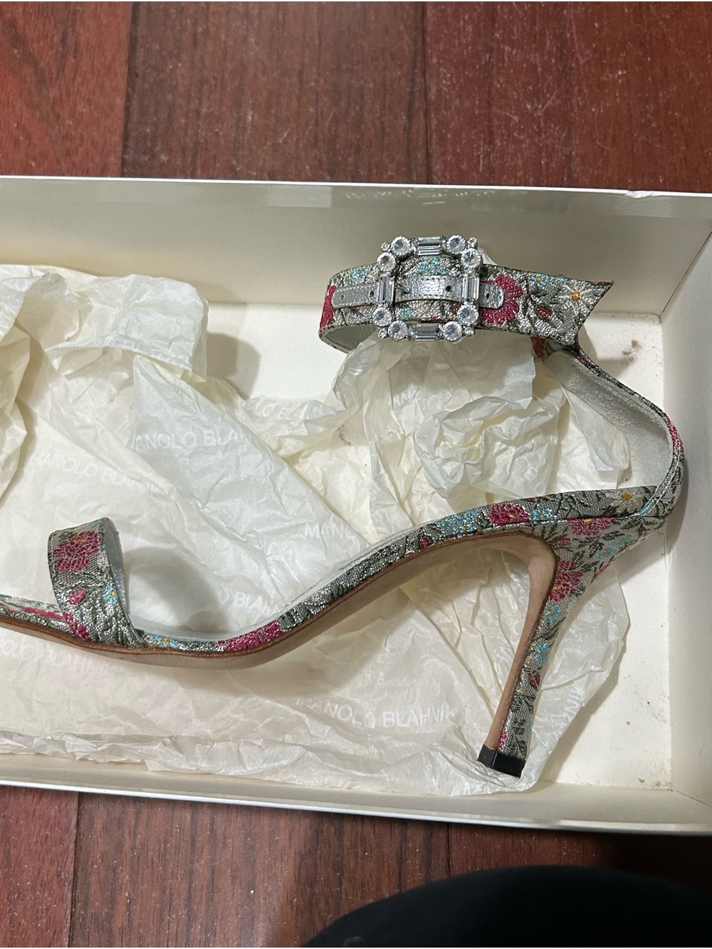 Manolo Blahnik Silver Floral Jeweled-Ankle Strap Heel